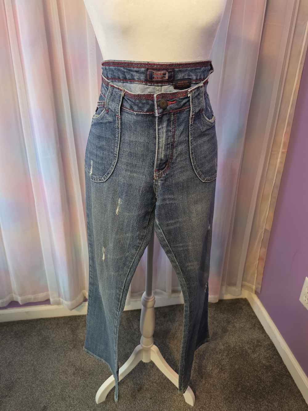 Crest Dark Blue Wash Mid Rise Wide-Leg Jeans Red Stitching Distressed Size 11/12